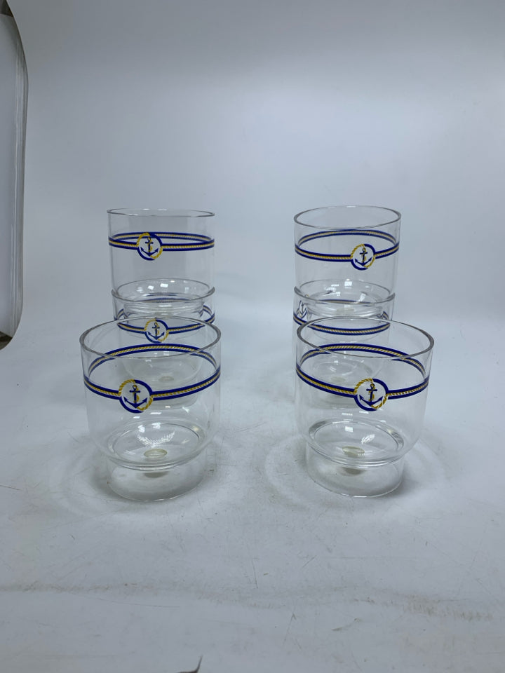 6 VTG MELAMINE CUPS W/ BLUE/YELLOW ANCHOR GUZZINI.