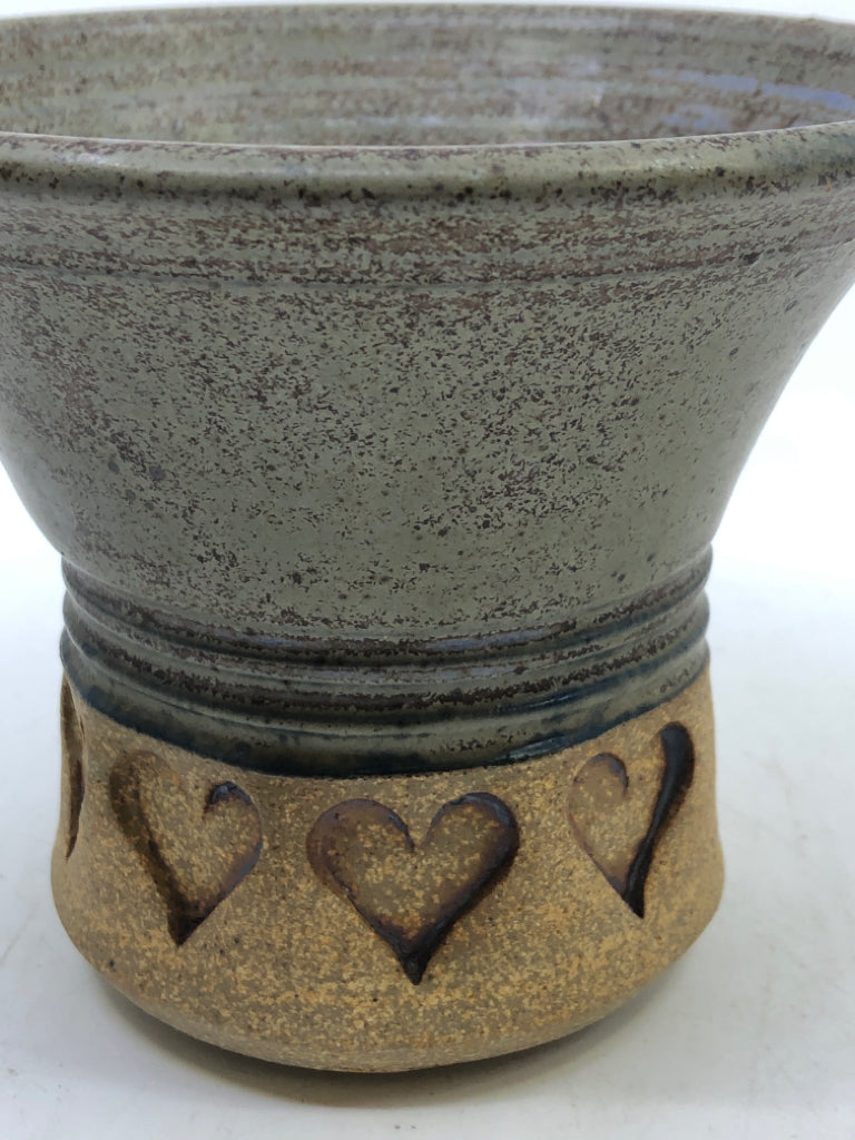 BLUE BROWN POTTERY VASE W HEART STAMP.