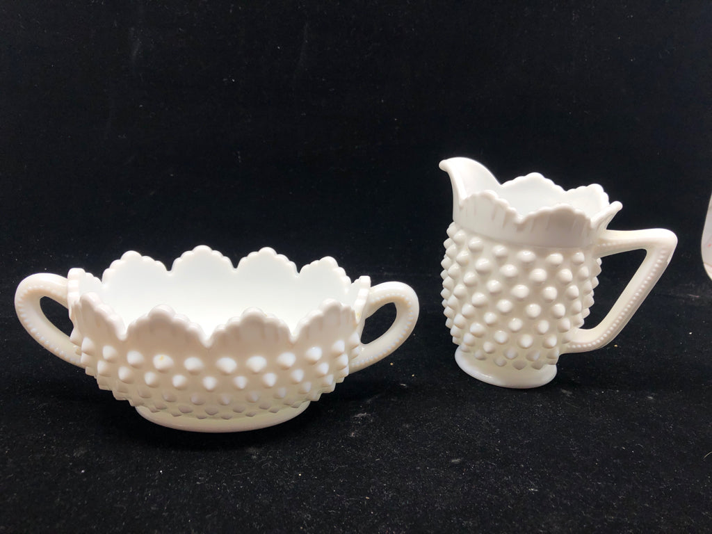 VTG MILK GLASS HOBNAIL OVAL SUGAR AND CREAMER.