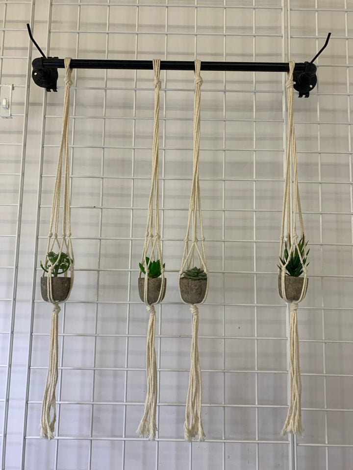 BLACK METAL HANGING MACRAME W 4 FAUX SUCCULENTS.