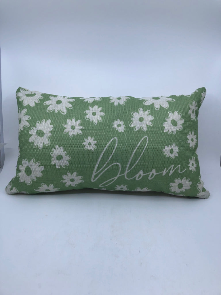 "BLOOM" GREEN W/ WHITE FLOWERS PILLOW.