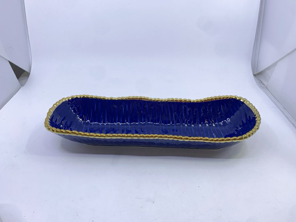 OBLONG CENTERPIECE DISH COBALT BLUE W/ THICK GOLD RIM.