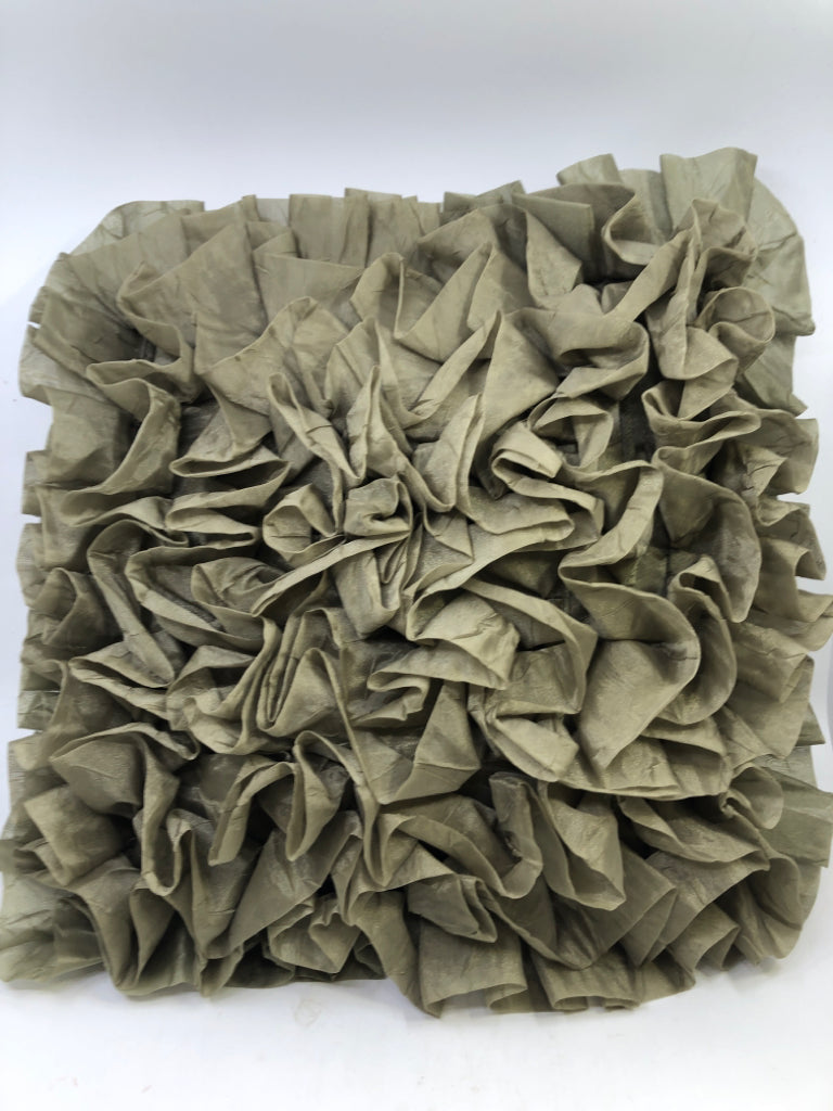 OLIVE GREEN RUFFLED ACCENT PILLOW.