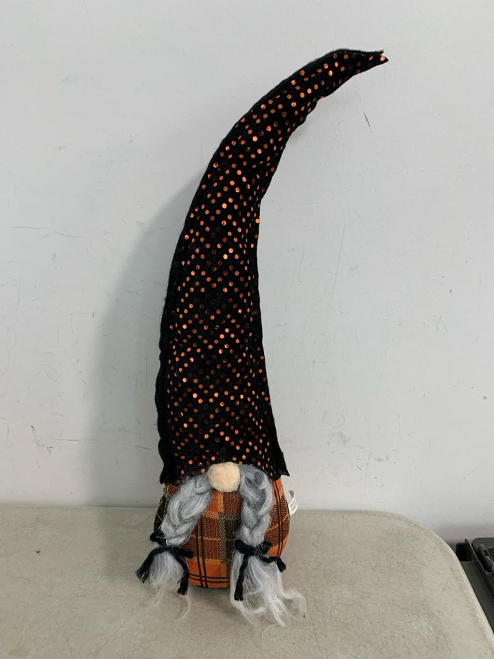 BLACK W/ ORANGE SEQUENCE HAT PLUSH BRAIDED BEARD GNOME.