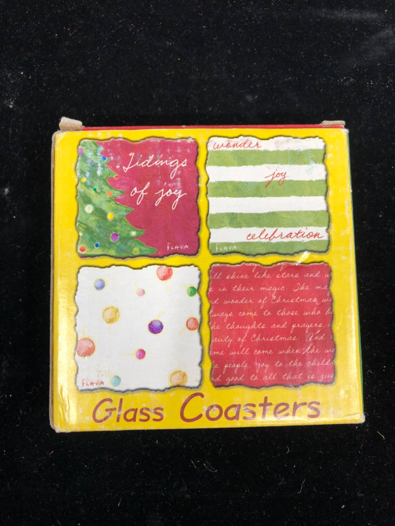 NIB SET OF 4 HOLIDAY GLASS COASTERS.