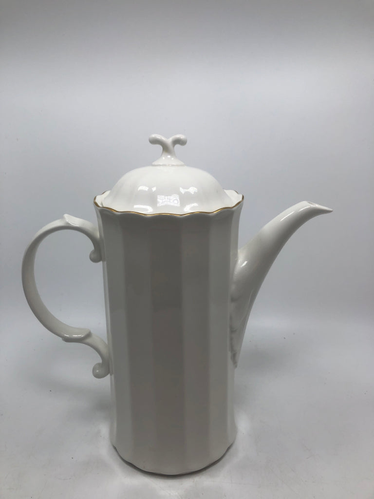 MIKASA WHITE RIBBED COFFEE POT W/GOLD RIM.
