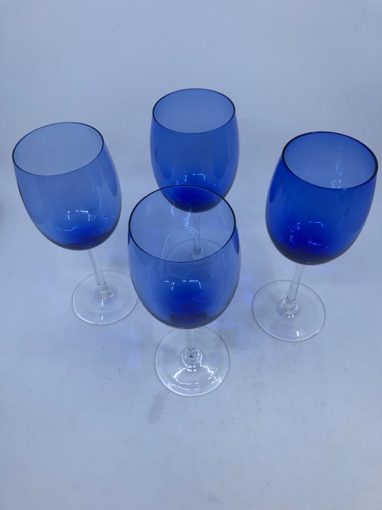 4 COBALT BLUE WINE GLASSES W/ CLEAR STEM.