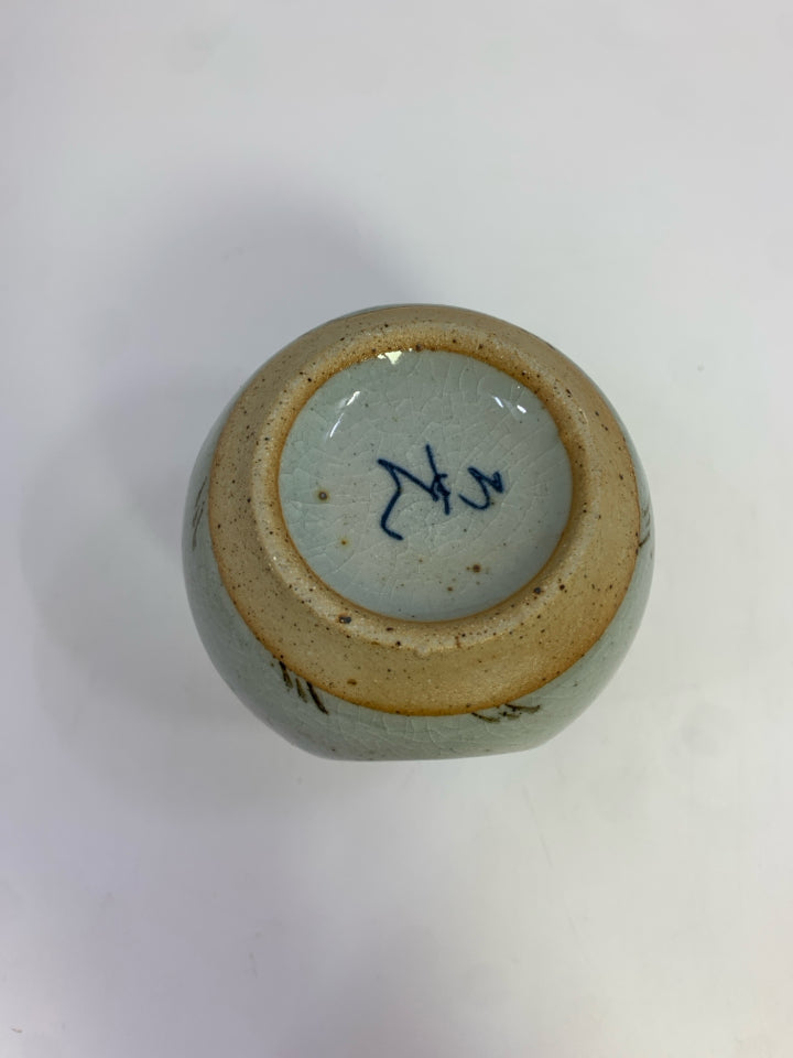 CERAMIC SAKE FLASK W/BLUE NECK.