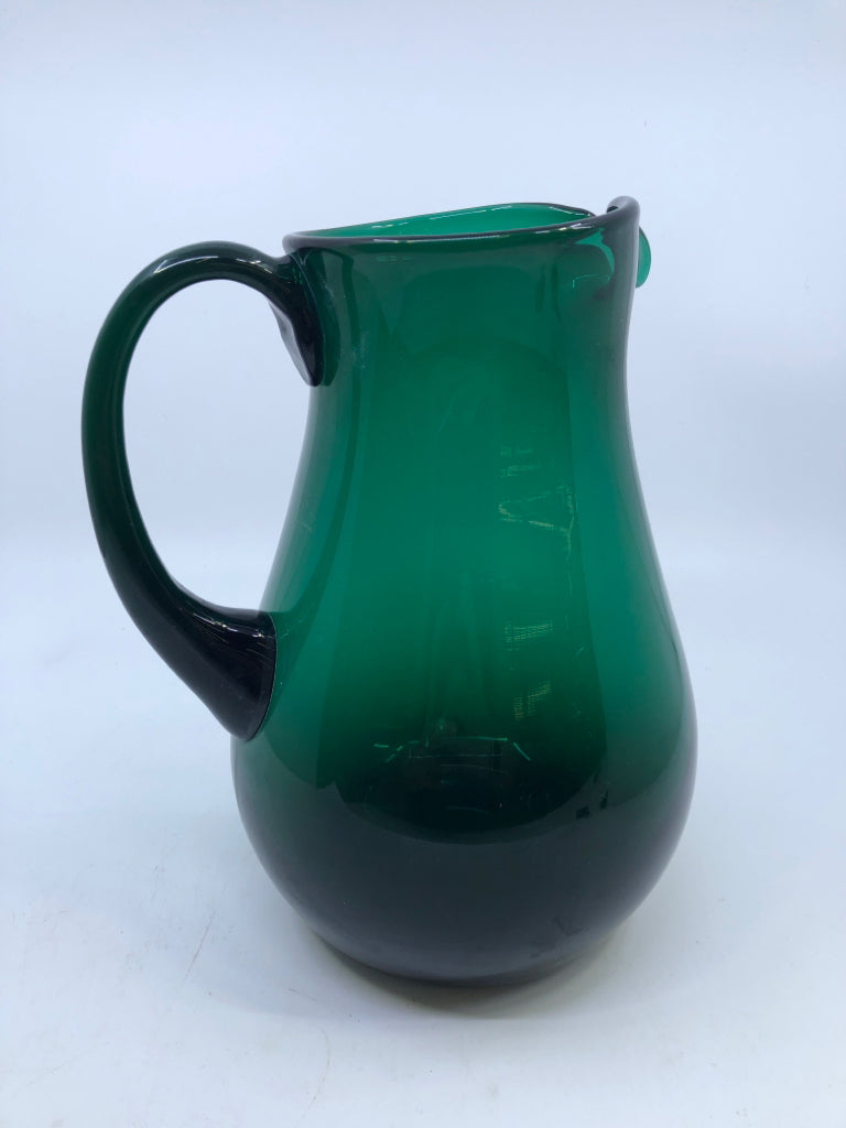 GREEN BLOWN GLASS PITCHER.