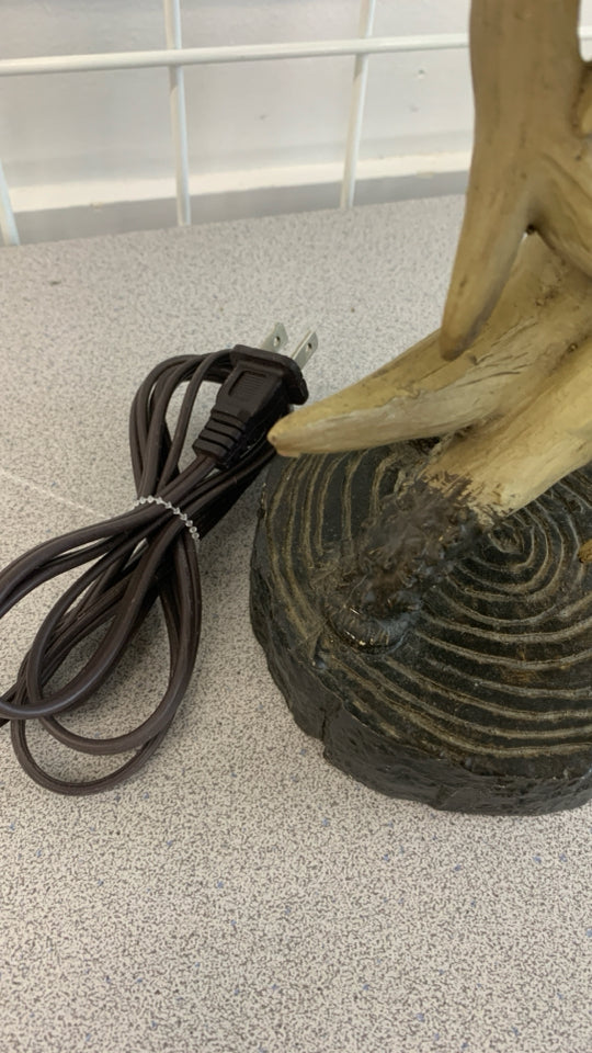 ANTLER LAMP W/FAUX LEATHER SHADE.