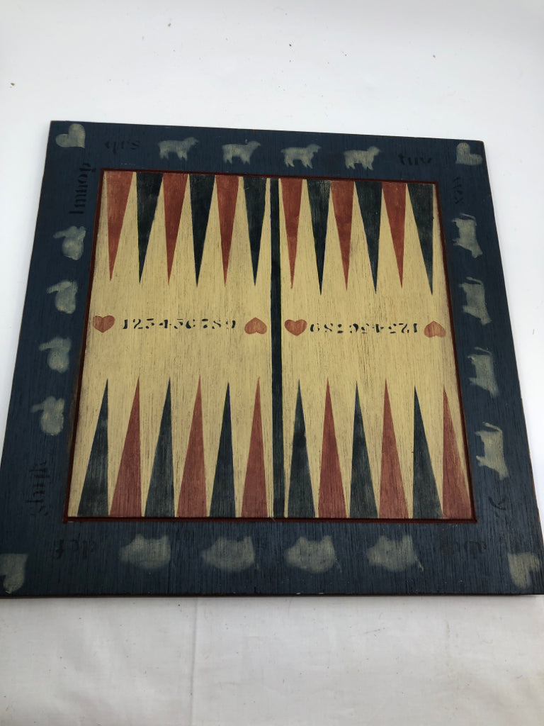 BLUE AND RED DECORATIVE PRIMITIVE GAME BOARD.