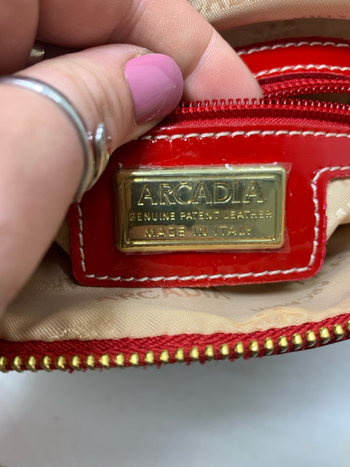 Arcadia Red Patent Lego Embossed Zip Top Shoulder Bag *Minor Interior Stains
