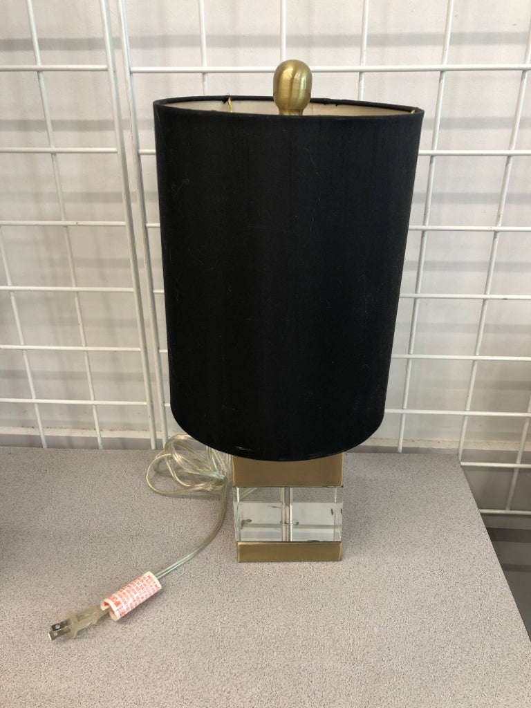 SQUARE GLASS LAMP W/GOLD & BLACK SHADE.