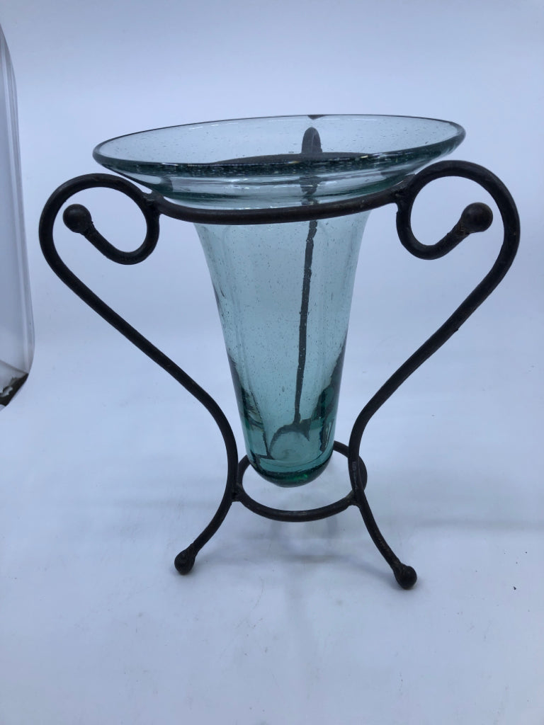 IRON SCROLL BASE, GLASS VASE INSERT.