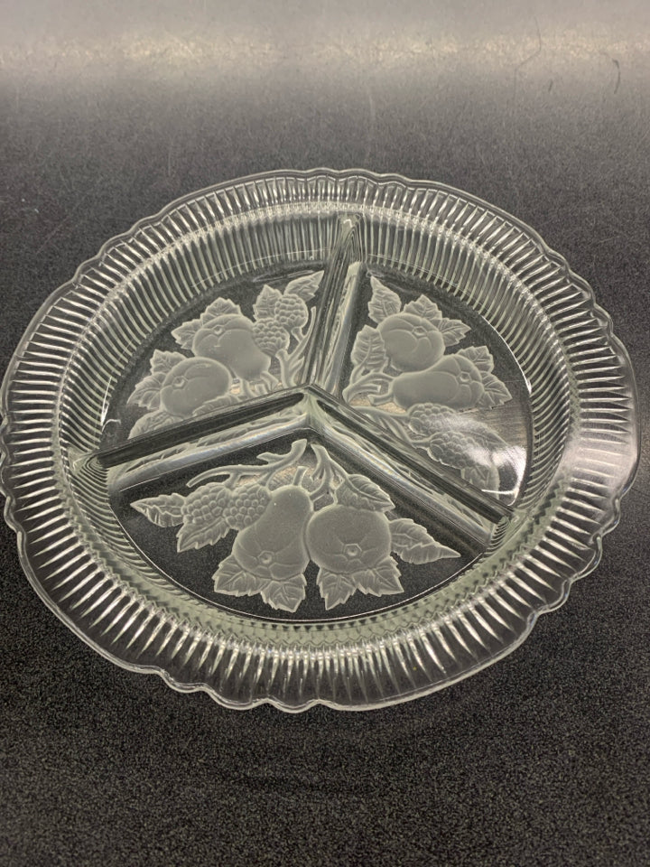 VTG GLASS FRUIT PATTERN 3 SECTION DIVIDED RELISH DISH.