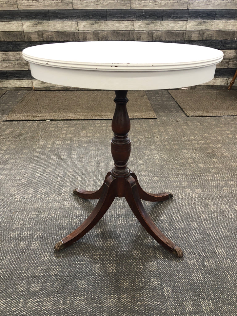 WOODEN TABLE W/BLUE PAINTED TOP & CLAW FEET.