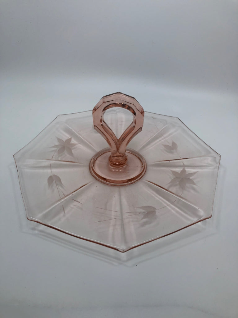 VTG FLOWER ETCHED PINK OCTAGONAL SRVG TRAY W/LOOP HANDLE.