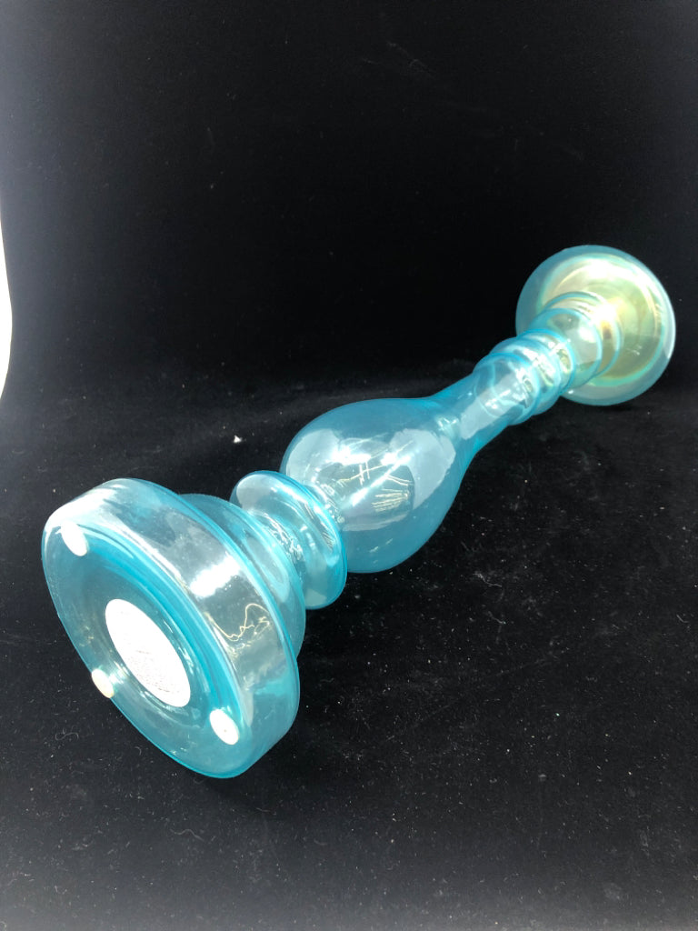 LIGHT BLUE GLASS CANDLE HOLDER.