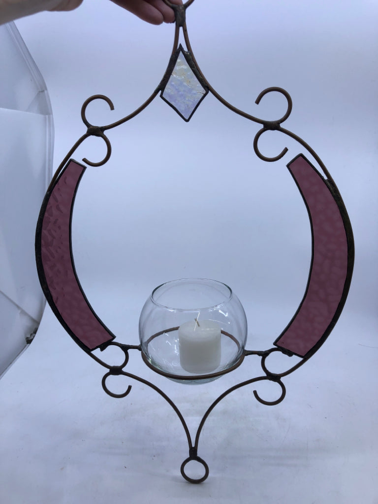 STAINED GLASS AND SCROLL CANDLE HOLDER.