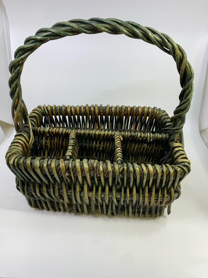 GREEN WOVEN UTENSIL BASKET.