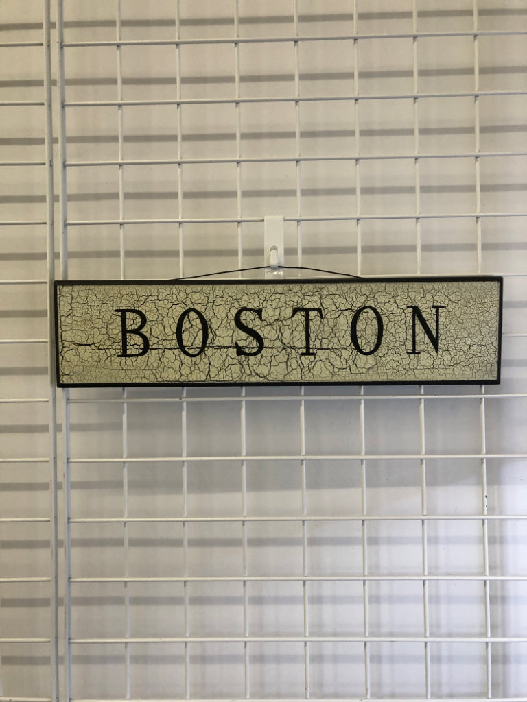 DISTRESSED BOSTON W&B WALL SIGN.