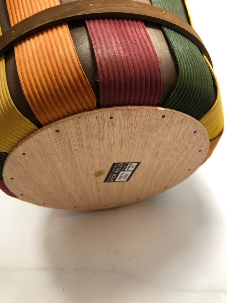 MULTI-COLORED WOODEN PAIL W/BAG OF APPLES.
