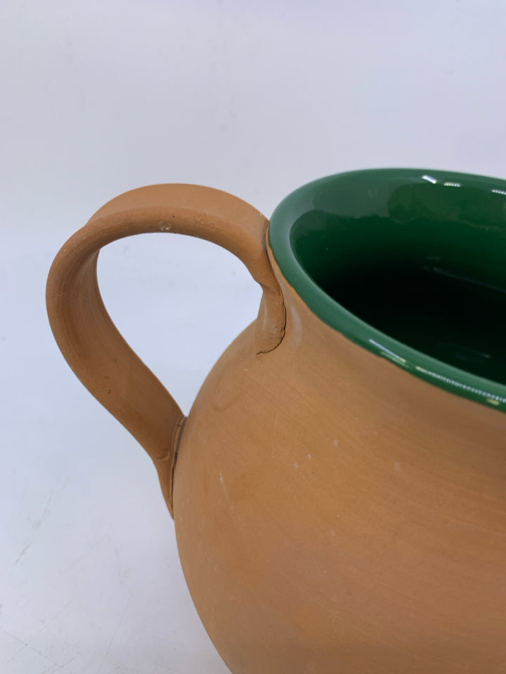 MATTER TERRA COTTA PITCHER W/ DARK GREEN GLAZED INSIDE.