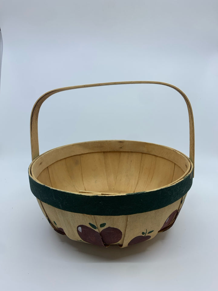 WOODEN APPLE BASKET W HANDLE.