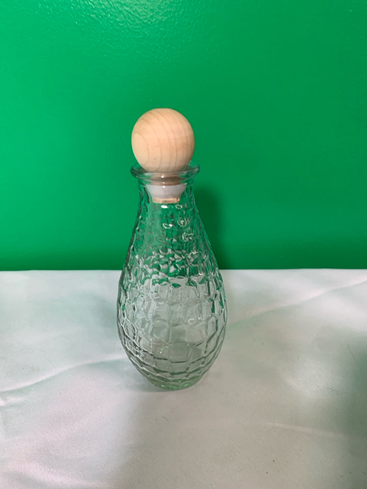 TEXTURED GLASS EMPTY BOTTLE W WOOD TOP.