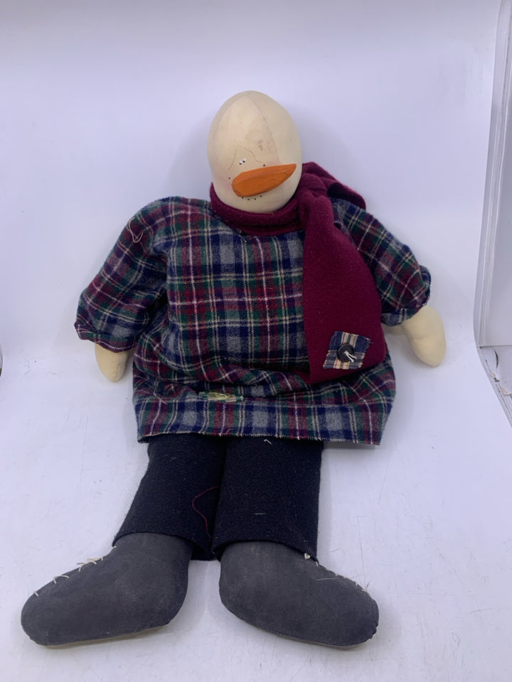 PRIMITIVE STYLE PLUSH SNOWMAN W/ PLAID LONG SHIRT MAROON SCARF.