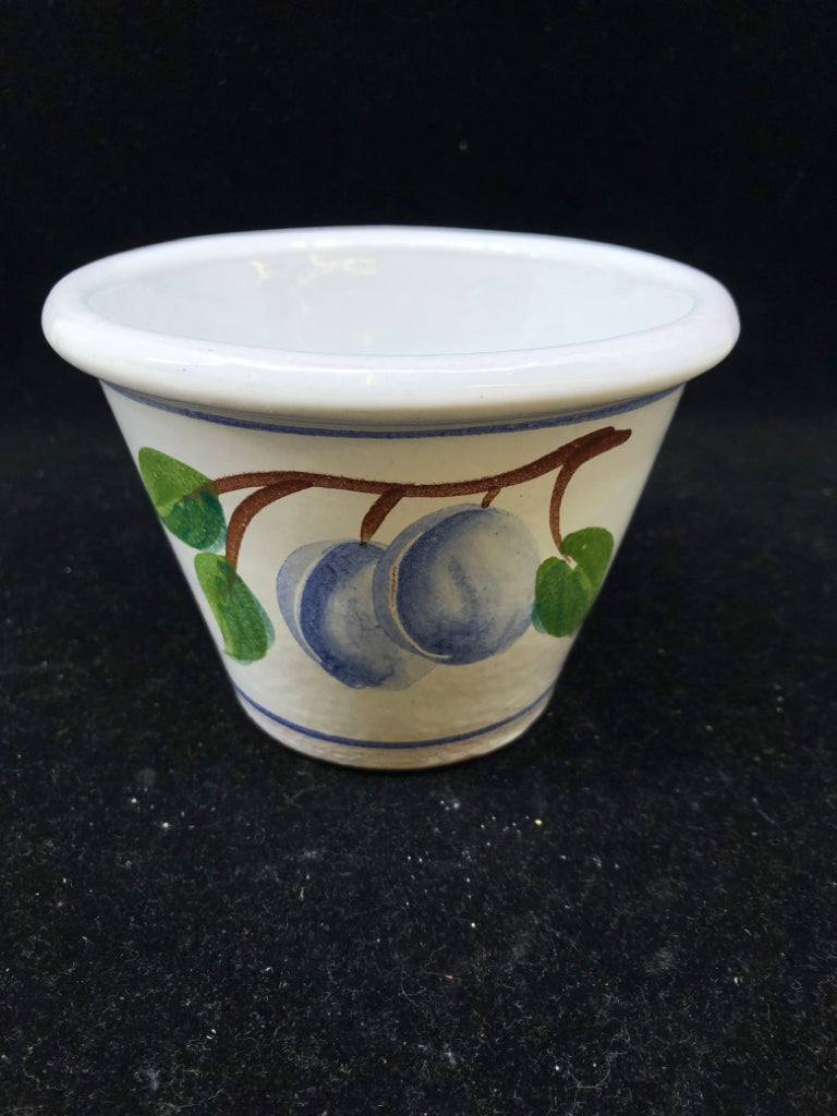 SMALL POTTERY PLANTER W/ BLUE PLUMS.