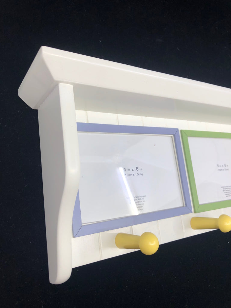 WHITE PHOTO FRAME SHELF W HOOKS.