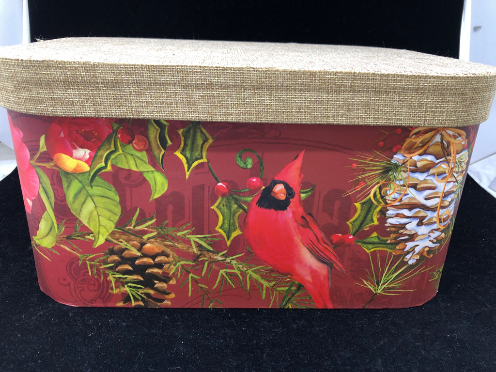 CARDINAL PRINT BOX W/BURLAP LID.