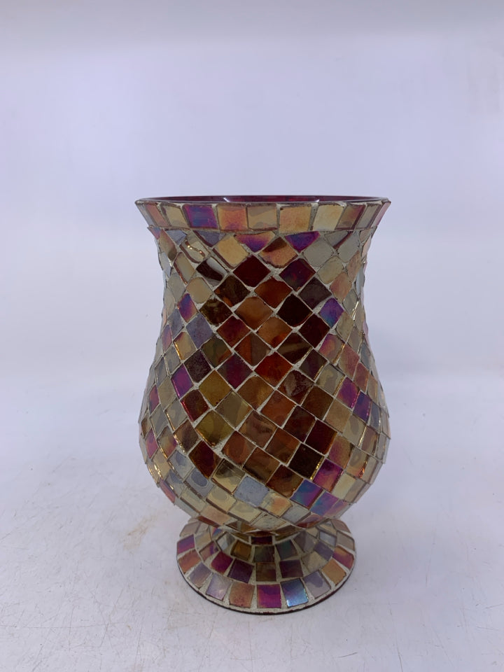 FOOTED MOSAIC RED/ORANGE GLASS PILLAR.