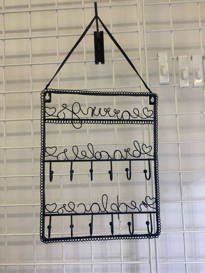 BLACK METAL HANGING JEWELRY ORGANIZER.