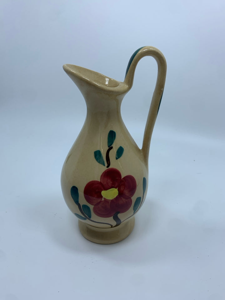 VTG FLOWER PAINTED TAN CERAMIC PITCHER.