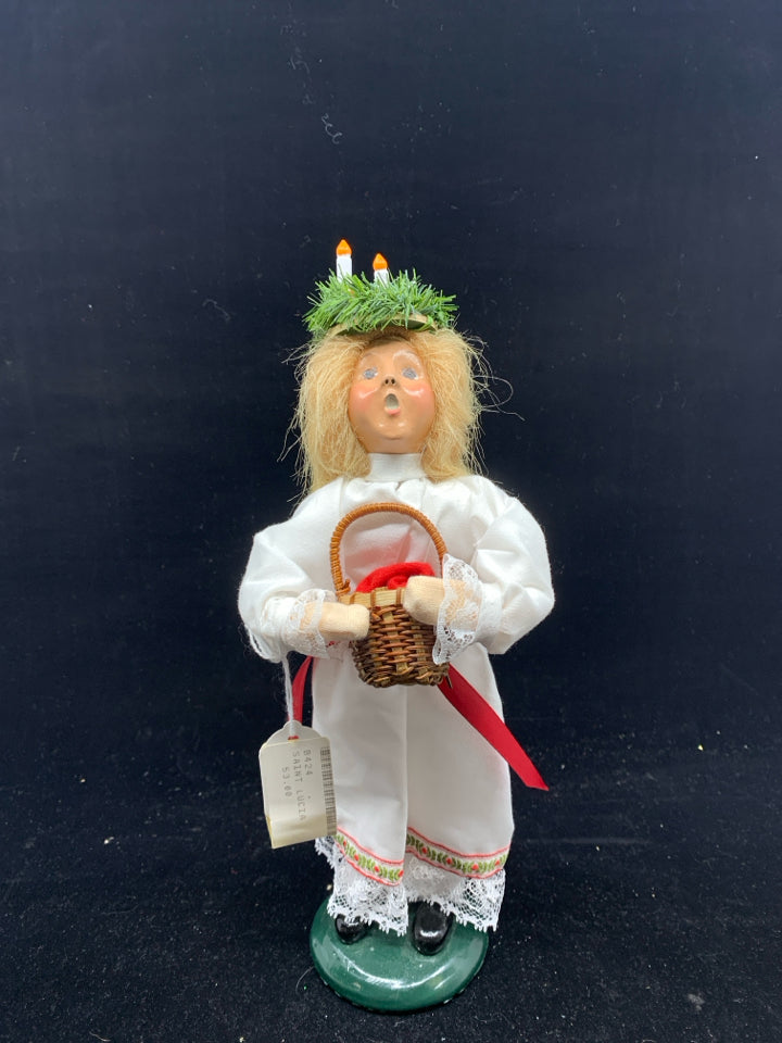 BYERS CHOICE 1999 GIRL W WHITE DRESS AND BASKET.