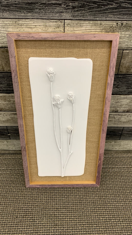 WHITE WILDFLOWERS EMBOSSED ON BURLAP AND WOOD FRAME.