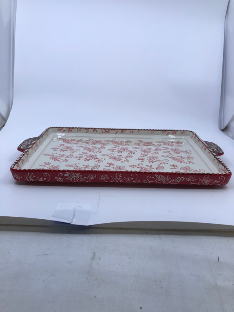 RED FLORAL LACE TRAY W HANDLES.