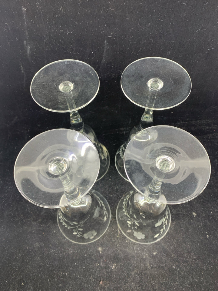 4 FLORAL ETCHED WINE GLASSES.