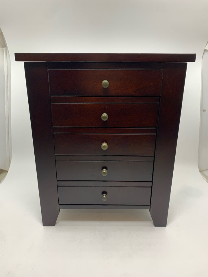4 DRAWER JEWELRY BOX W/SIDE DOORS AND FLIP TOP W/MIRROR.