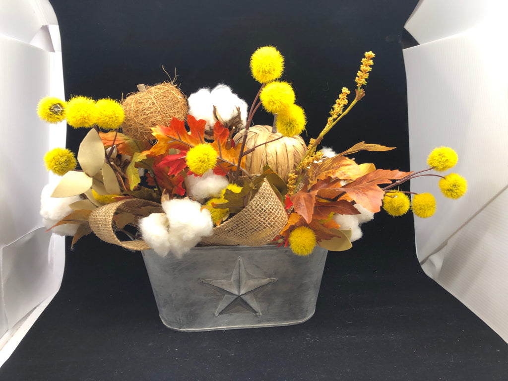 FALL FLORAL ARRANGEMENT IN METAL BUCKET.