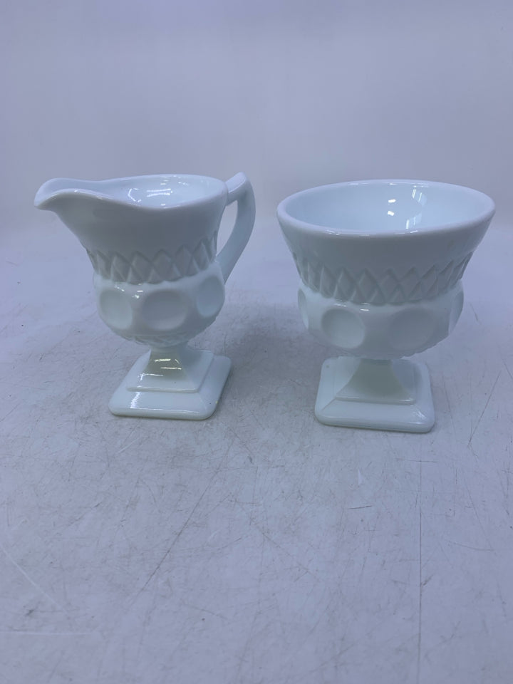 FOOTED MILK GLASS SUGAR CREAMER SET CIRCLES/DIAMONDS.