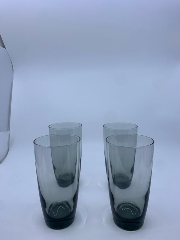 4 HEAVY BOTTOM DARK GLASS TUMBLERS.