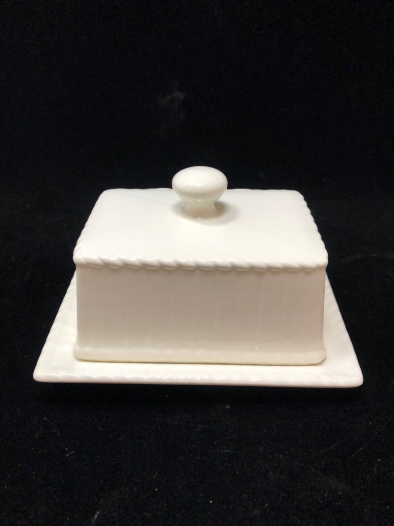 WHITE CERAMIC BUTTER DISH W/BUTTER DECAL.