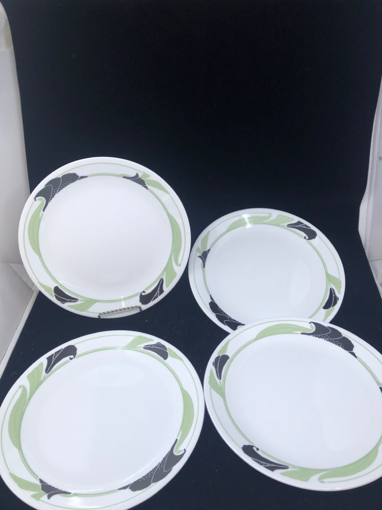 4 BLACK AND GREEN CORELLE DINNER PLATES.