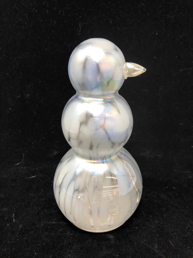 IRIDESCENT WHITE GLASS SNOWMAN W/ LED LIGHTS.