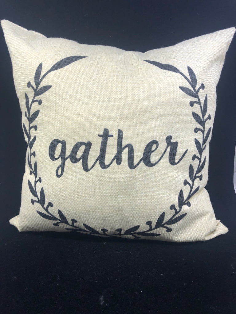 CREAM "GATHER" PILLOW W/ WREATH BORDER.