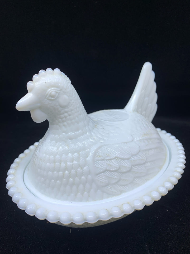 VTG MILK GLASS HEN IN BASKET.