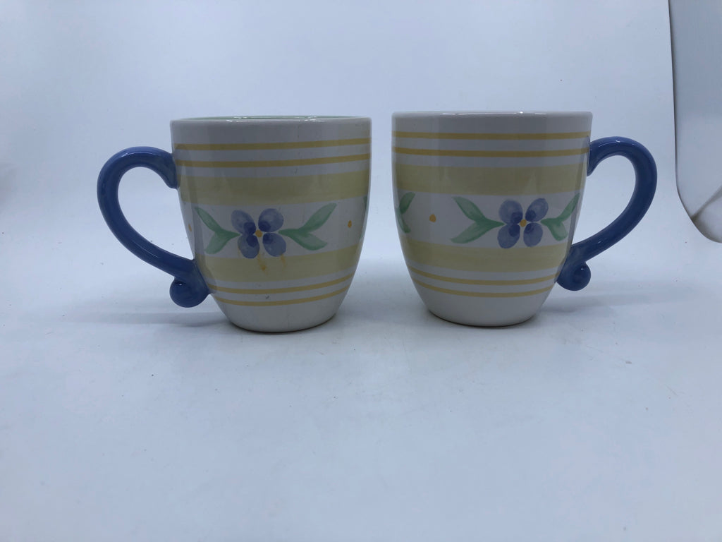 2 BLUE, YELLOW, GREEN FLOWER MUGS.